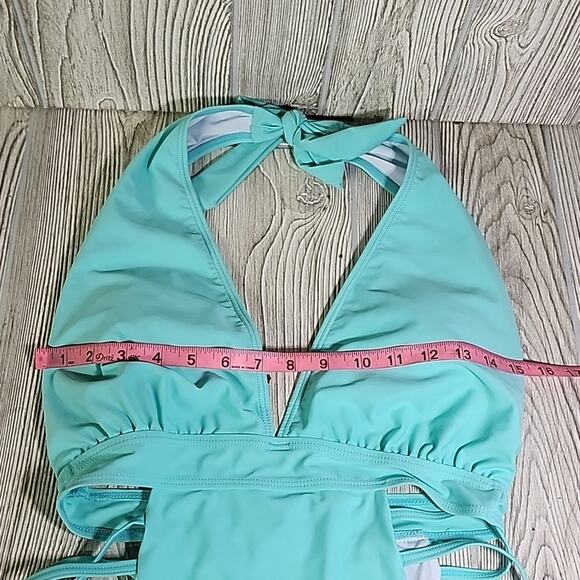 Aqua Eve Blue One Piece Halter Plunge V Neck Swimsuit Womens Size Medium NWT - Picture 12 of 12